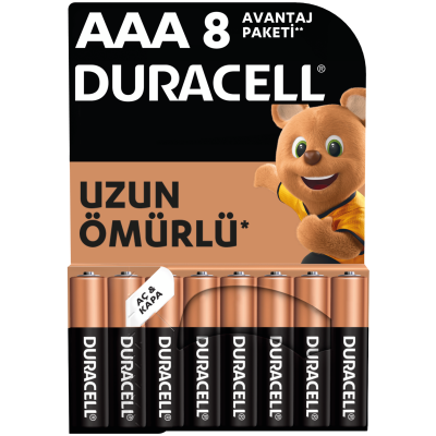 Duracell Alkalin AAA İnce Kalem Pil 1,5V (LR03 / MN2400) 8'li Paket
